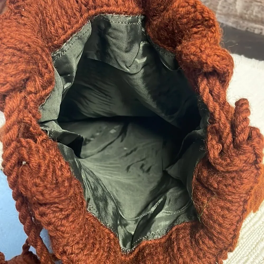 Hobo Boho Crocheted Drawstring Purse/Bag, Brown with Floral Design, Brown
